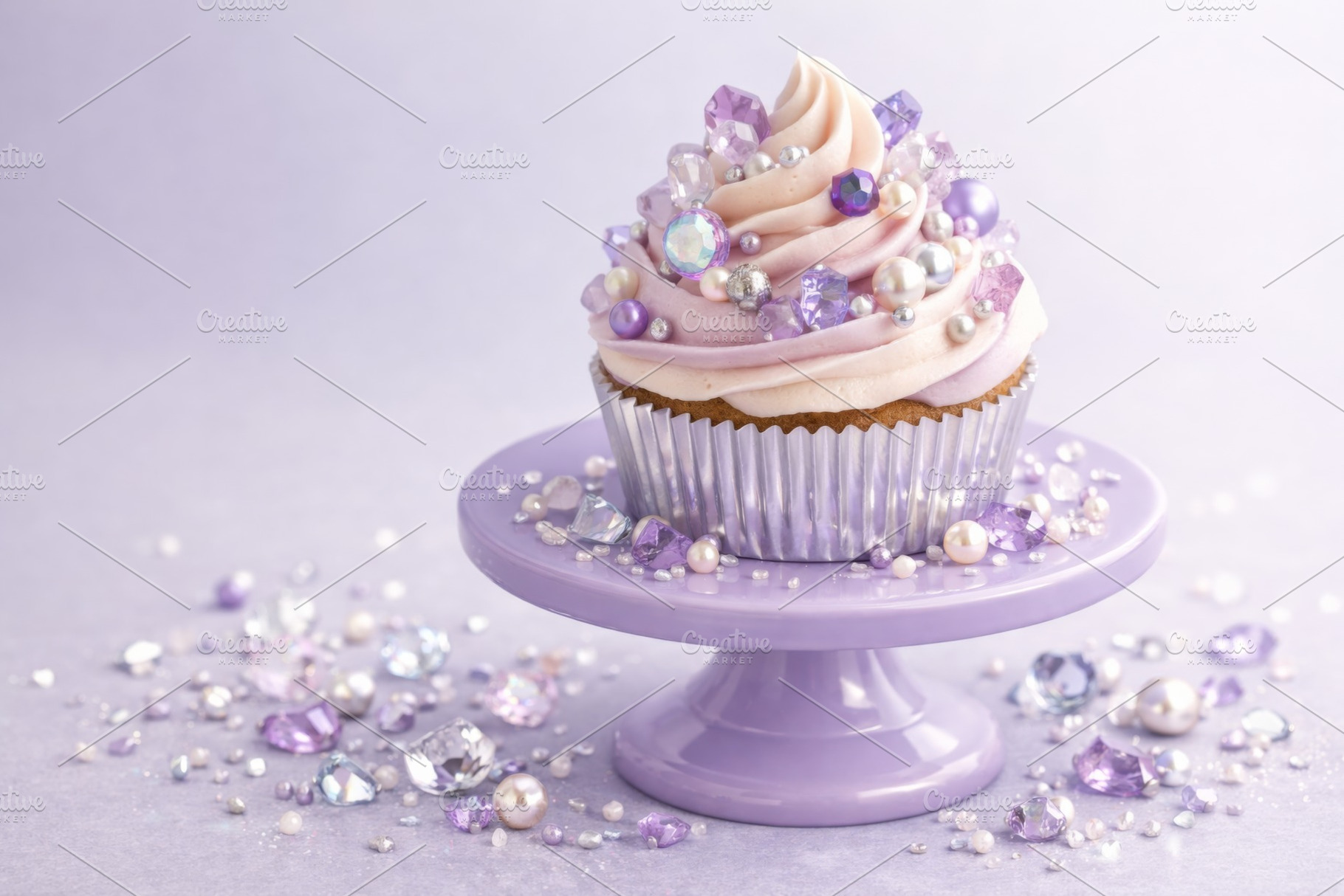 Cupcake with frosting and rhinestones on purple stand, crystalco, a Photo by Dvoevnore photos
