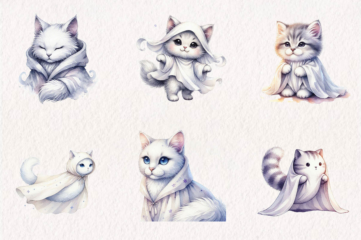Watercolor Halloween Ghost Cat PNG, a Seasonal Illustration by CreationArt (Photo 3 of 7)