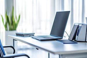 Organized modern office workspace with laptop and armchair, a Photo by AlyaAnd
