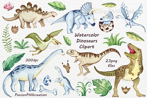Watercolor Dinosaurs Clipart, an Animal Illustration by PassionPNGcreation