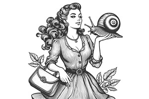 woman holding giant snail engraving, an Animal Illustration by AlexArt