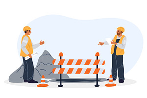 Road maintenance workers discuss, an Illustration by Vectorbuum