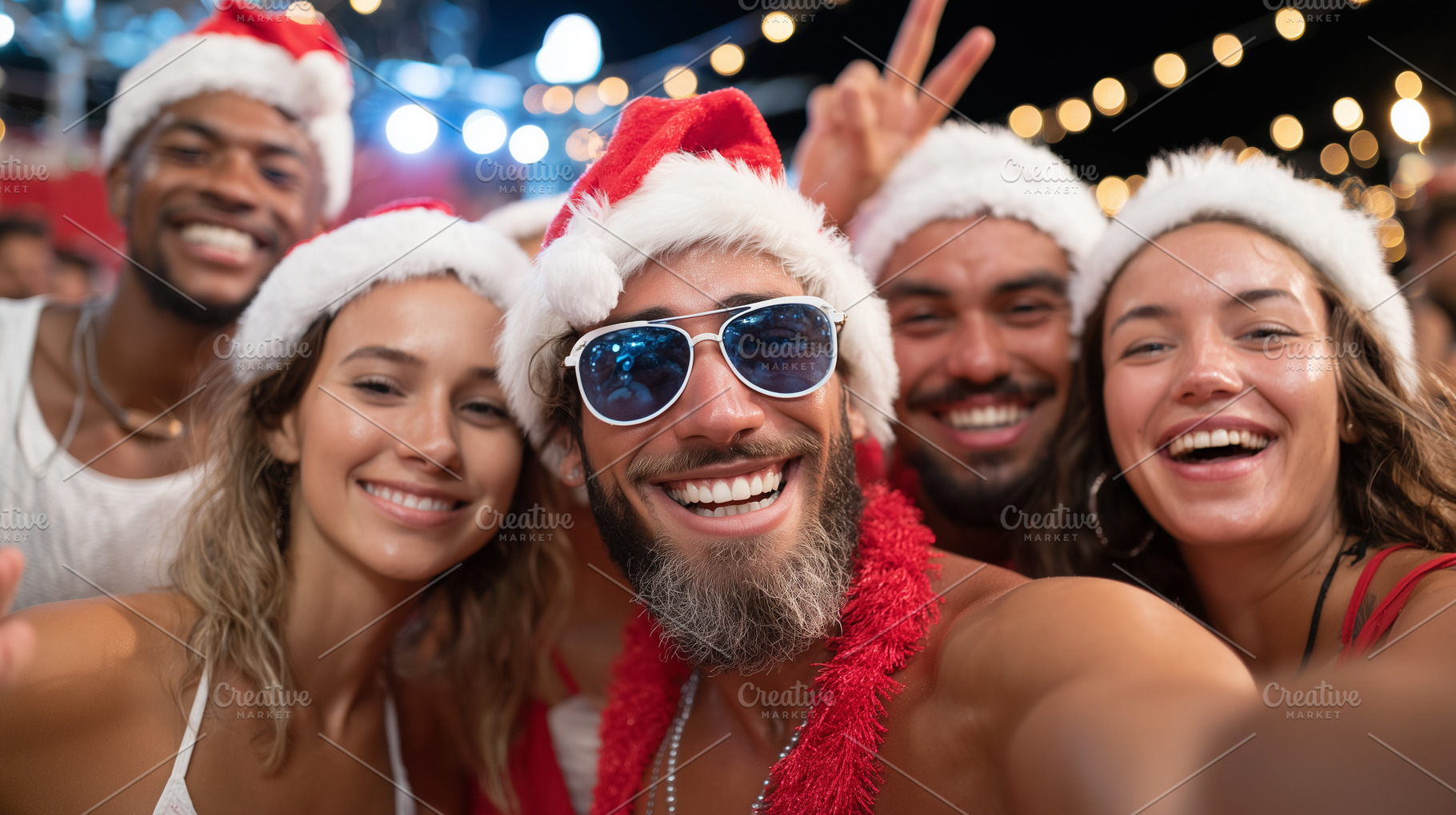 Group of joyful friends in Santa hat, a Person Photo by MistyDay