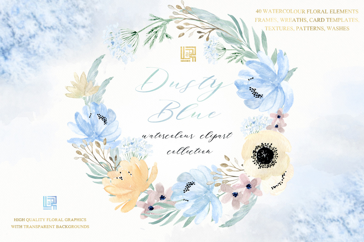 Dusty blue gold. Watercolor flowers, a Texture Illustration by LABFcreations (Photo 2 of 12)