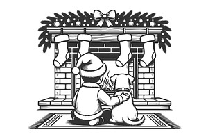 Child and Dog by Christmas Fireplace, an Illustration by AlexArt