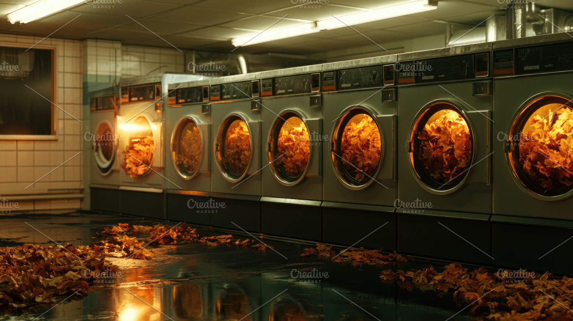 Surreal Halloween laundromat with glowing autumn leaves, a Food & Drink Photo by José Manuel Gelpi