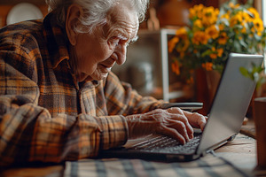 Elderly Caucasian man in a plaid shirt typing on a laptop, surrounded by vibran, a Person Photo by ImageMir