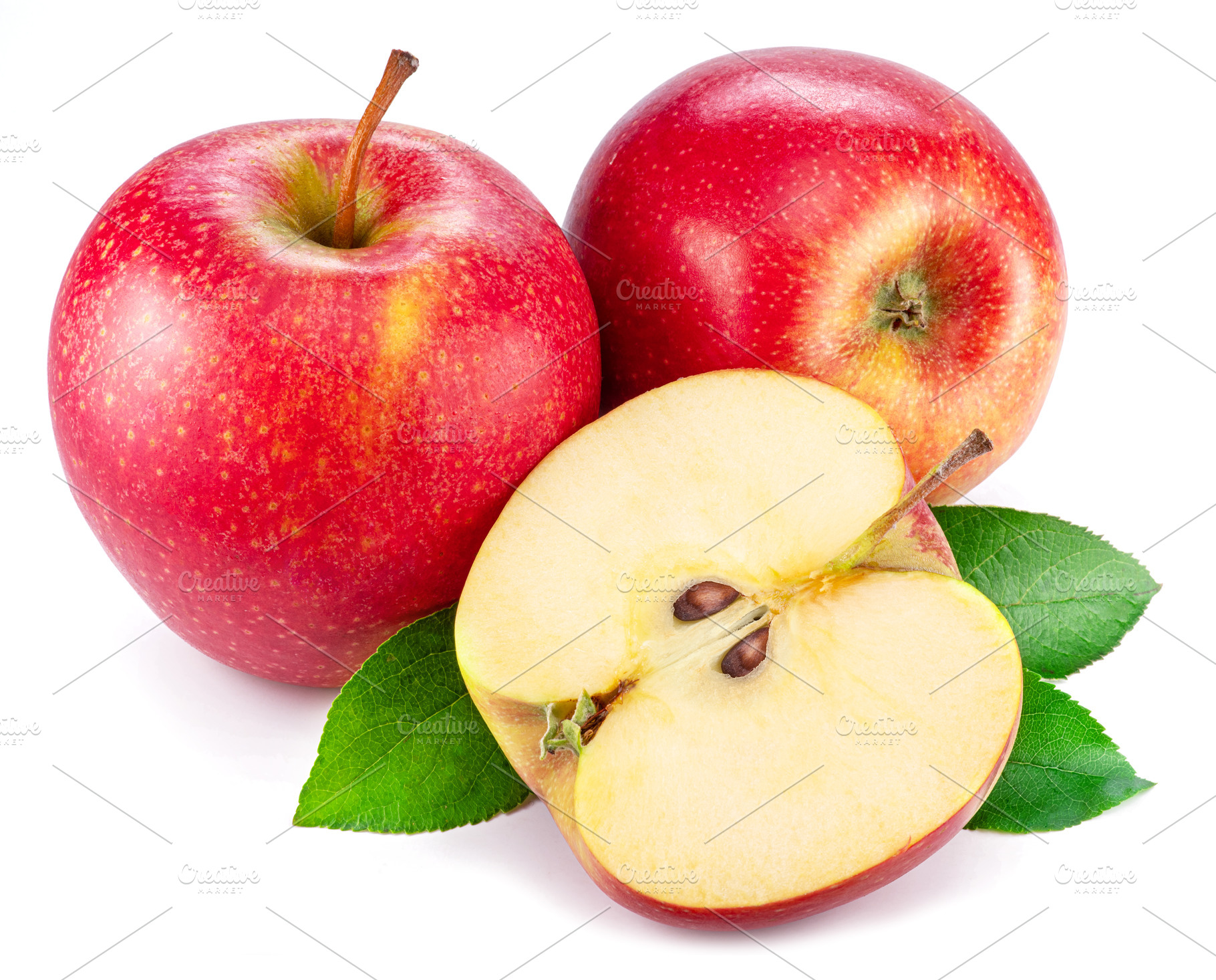 Ripe red apples and apple slice isolated on white background., a Food & Drink Photo by Volff