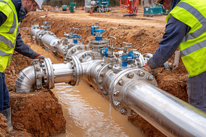 Workers repairing a large metal pipe in a trench, an Industrial Photo by AlyaAnd