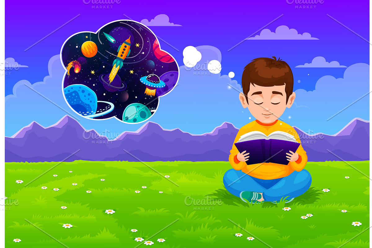 Little boy reading a book, an Illustration by Vector Tradition