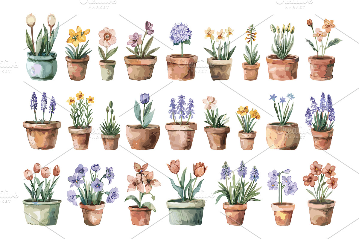Flowers in Pots Watercolour Icons, an Object Illustration by LadadikArt