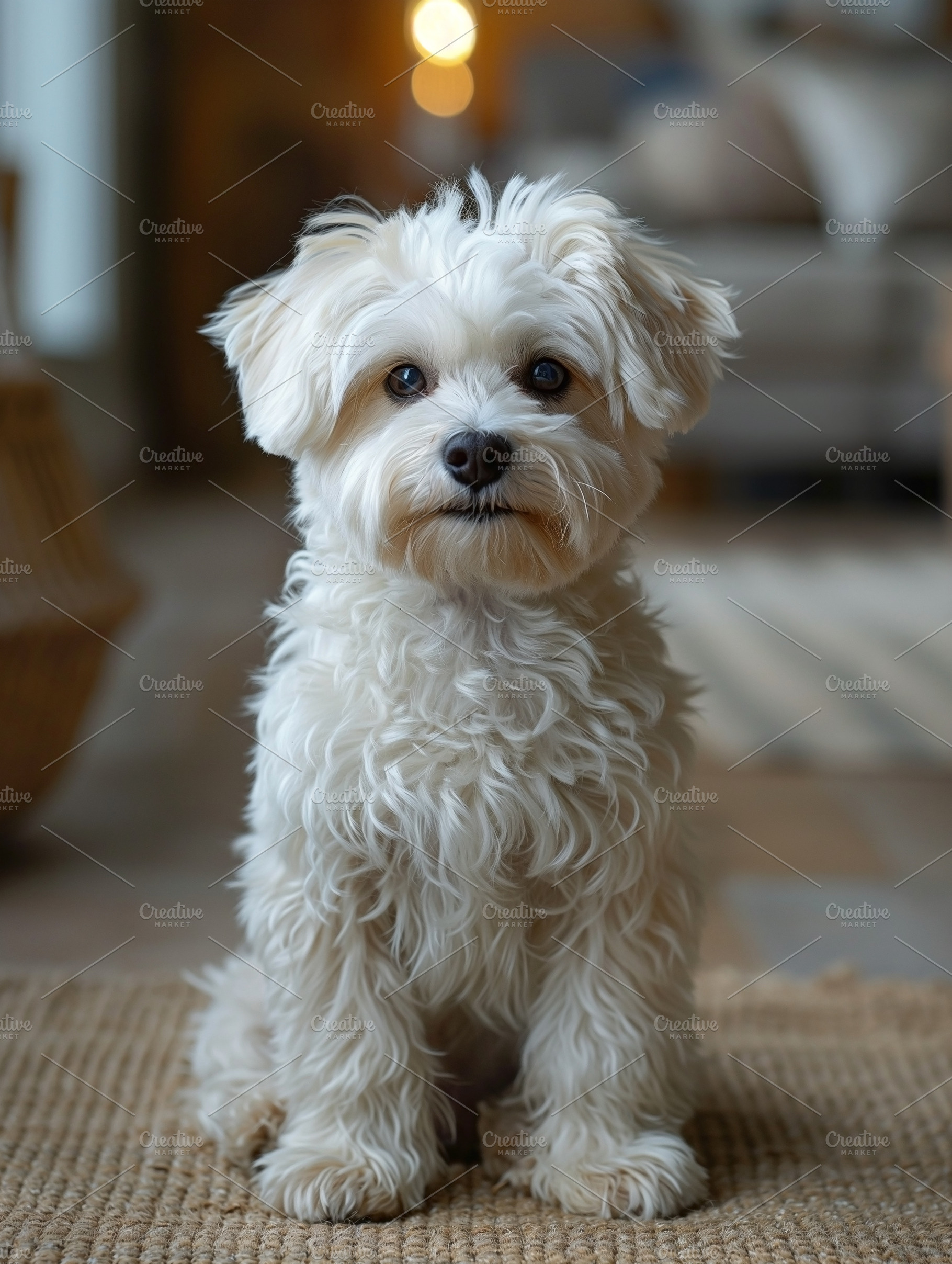 A cute small white dog with fluffy fur, sitting calmly on a woven rug in a cozy, an Animal Photo by ImageMir