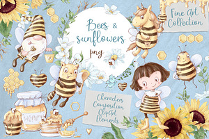 Bees & sunflowers Digital clipart.