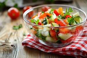 Fresh salad with vegetables in bowl, organic healthy food, a Food & Drink Photo by AlyaAnd