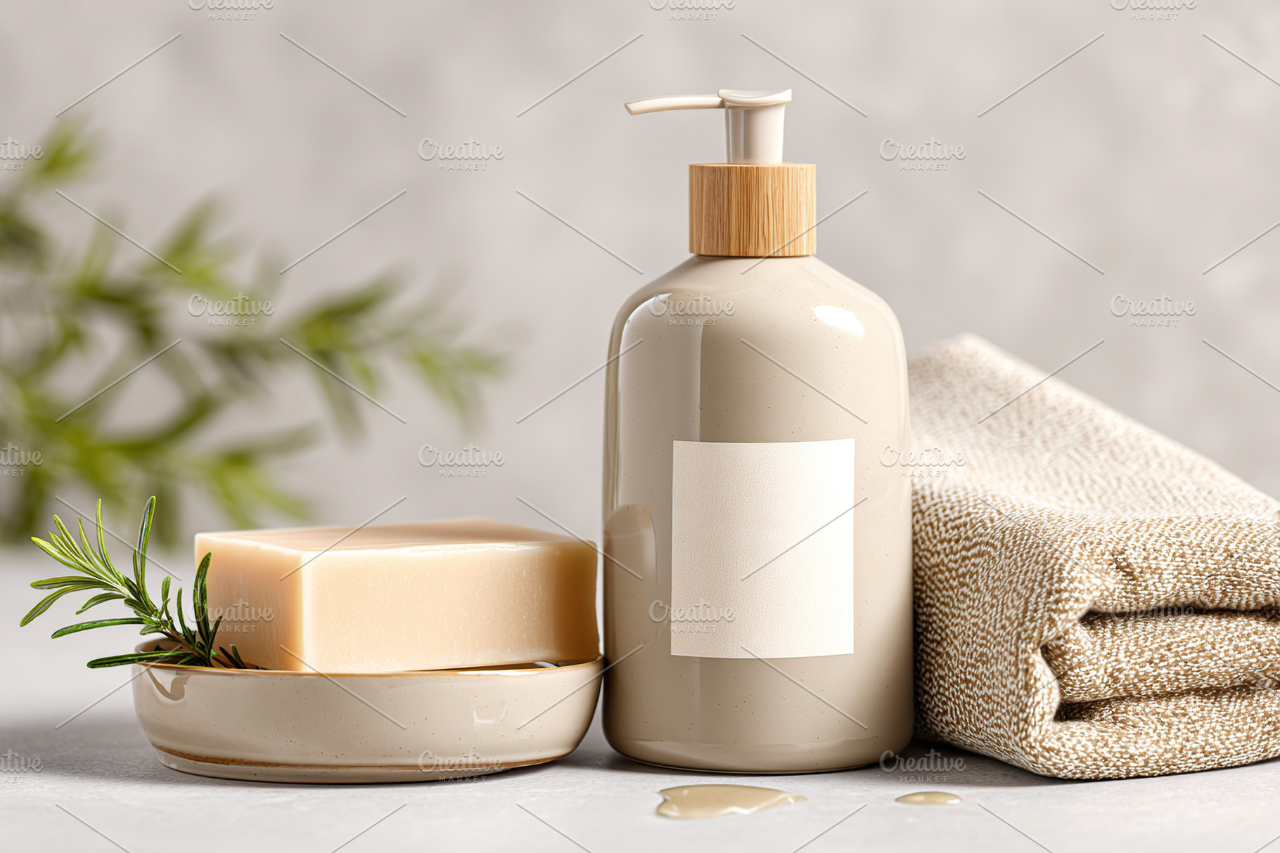Countertop arrangement featuring natural soap, dispenser, and soft towel with g, a Health & Medical Photo by AlyaAnd