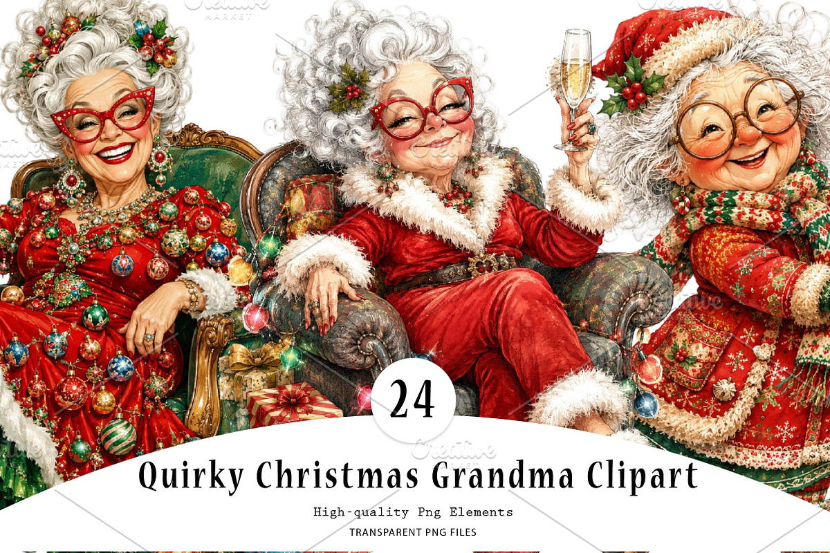 Quirky Christmas Grandma Clipart, a Seasonal Illustration by CreationArt (Photo 1 of 5)