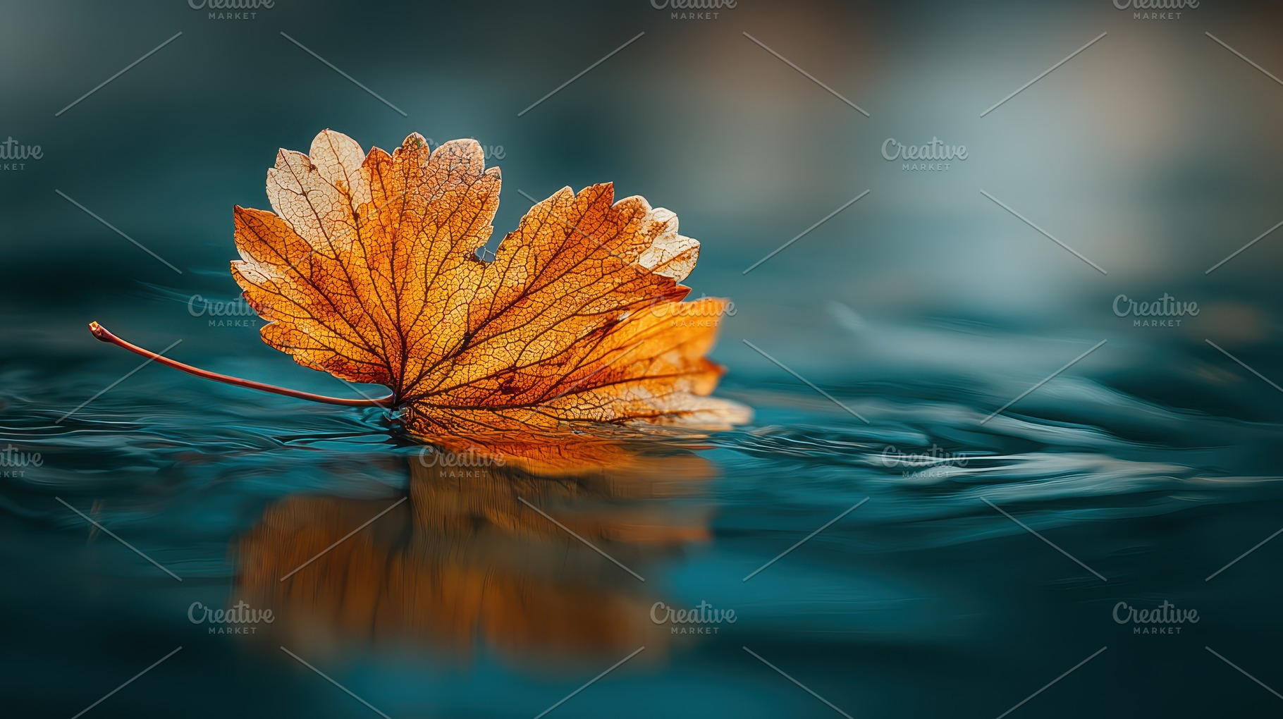 Dried leaf floats on teal water autu, a Photo by Pixeness Studio