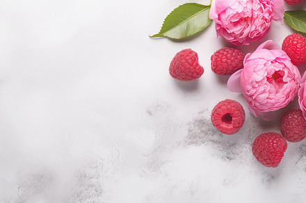 Stylish Raspberry and Peony Desk Scene, a Background Photo by Iconogenic