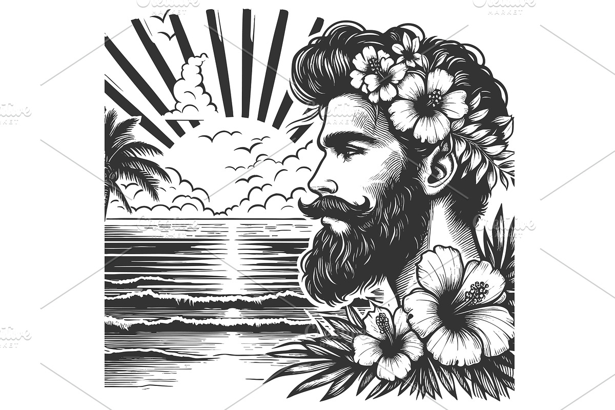 Tropical man with hibiscus crown at, a Person Illustration by AlexArt
