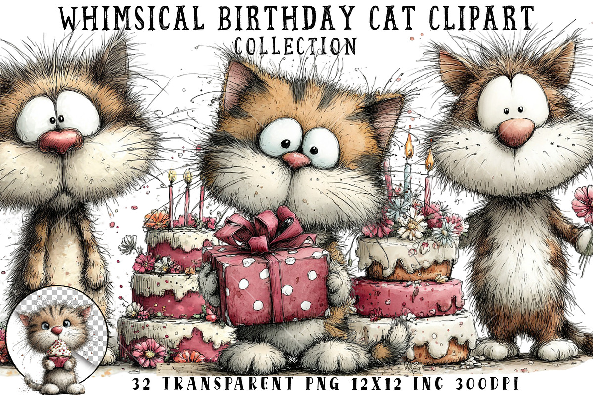 Whimsical Birthday Cat Clipart, an Illustration by OK Design (Photo 1 of 6)