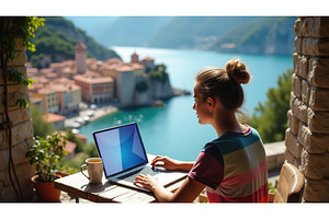 Woman working on a laptop outdoors, an Illustration by tilialucida