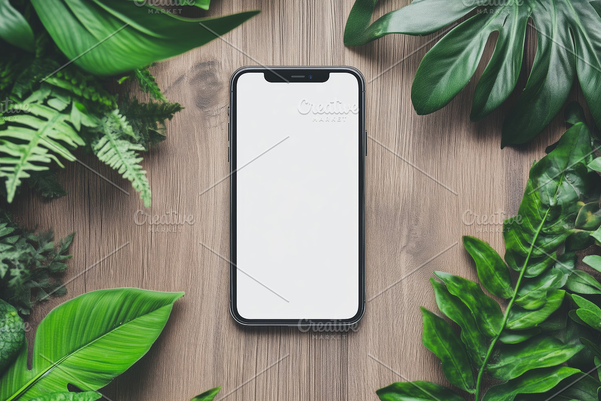 A smartphone iPhone mockup with a blank screen placed on a wooden surface surro, an iPhone Mockup by Textures & Backgrounds