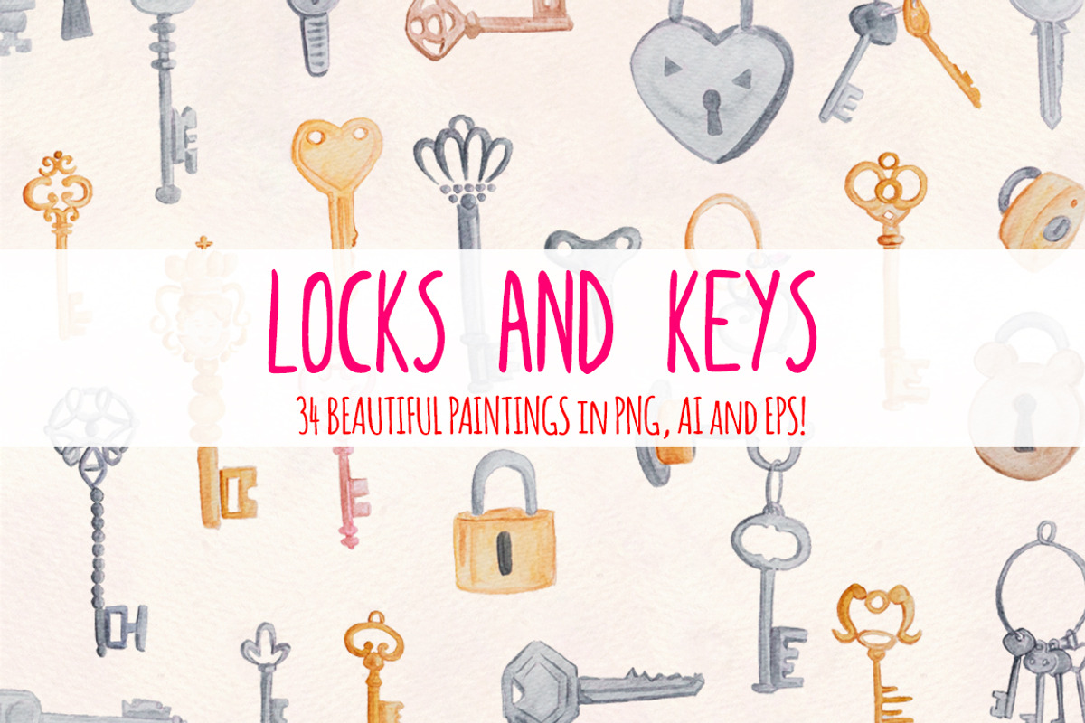 Locks and Keys 34 Watercolor Graphic, an Illustration by Violet LeBeaux (Photo 1 of 3)
