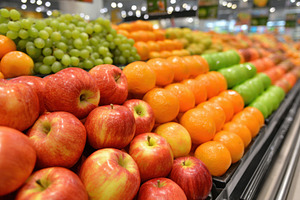 Colorful fresh fruits display in supermarket, a Food & Drink Photo by AlyaAnd