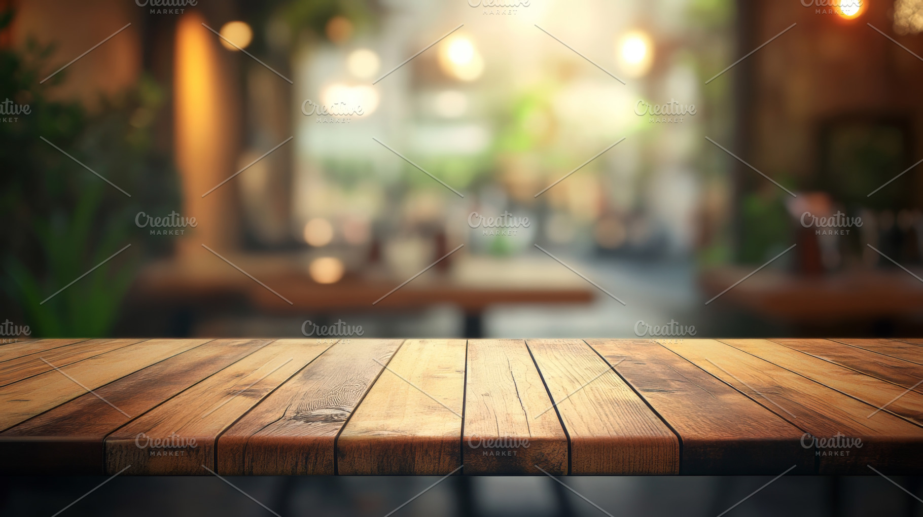 Rustic Wooden Table with Outdoor Cafe Background, an Abstract Photo by Natalia Klenova's Shop