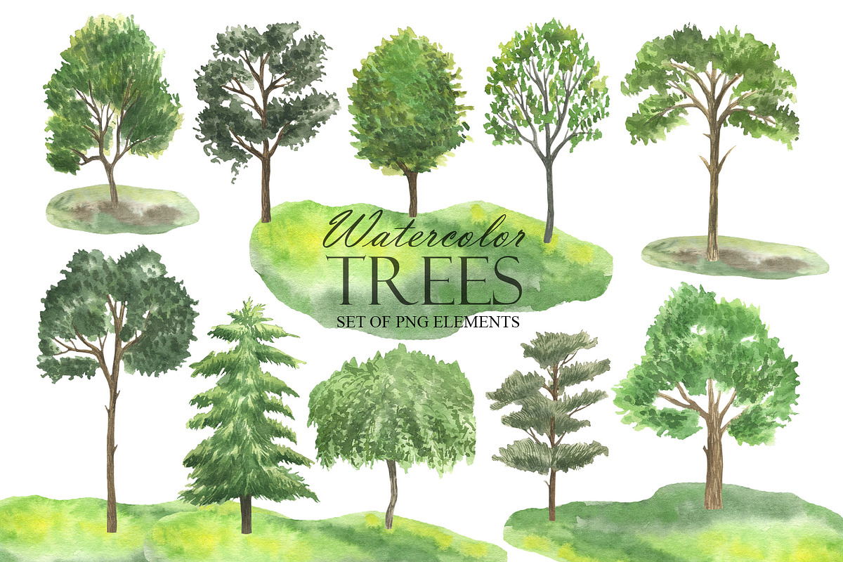 Watercolor Green Trees Clipart, an Illustration by OlDm_Shop (Photo 1 of 8)