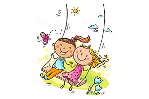 Girls on a swing. Cartoon kids, a Person Illustration by Bubert Art