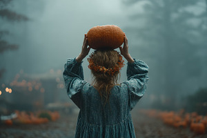 Woman in vintage dress holding pumpkin on head in foggy autumn f, a Holiday Photo by José Manuel Gelpi