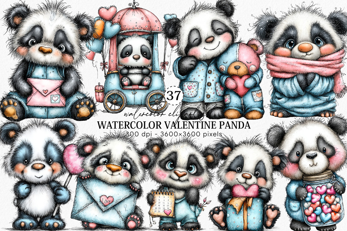 Watercolor Valentine Panda Clipart, an Illustration by Canvas Craft (Photo 1 of 6)
