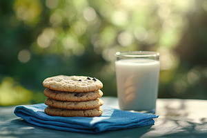 Delicious chocolate chip cookies stacked beside a glass of milk on a sunny outd, a Food & Drink Photo by AlyaAnd