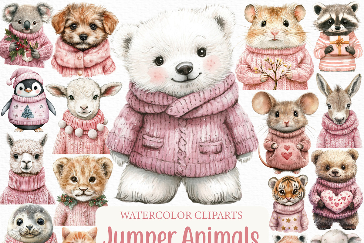 Pink Jumper Animals Christmas Clipar, an Illustration by Craft Nest (Photo 1 of 6)