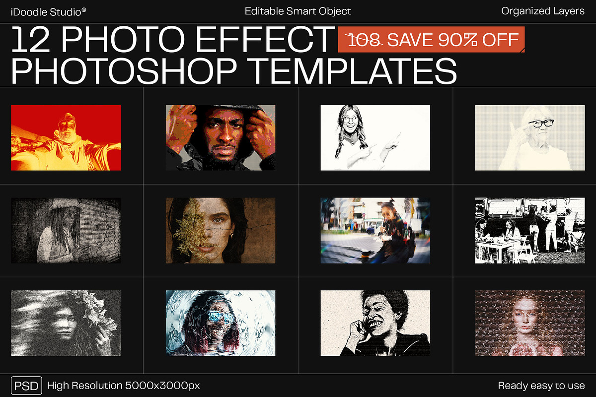 12 Photo Effect Templates, a Layer Style Add-On by iDoodle Studio