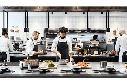 Professional chefs working in a, a Food & Drink Photo by Sergey Kotenev