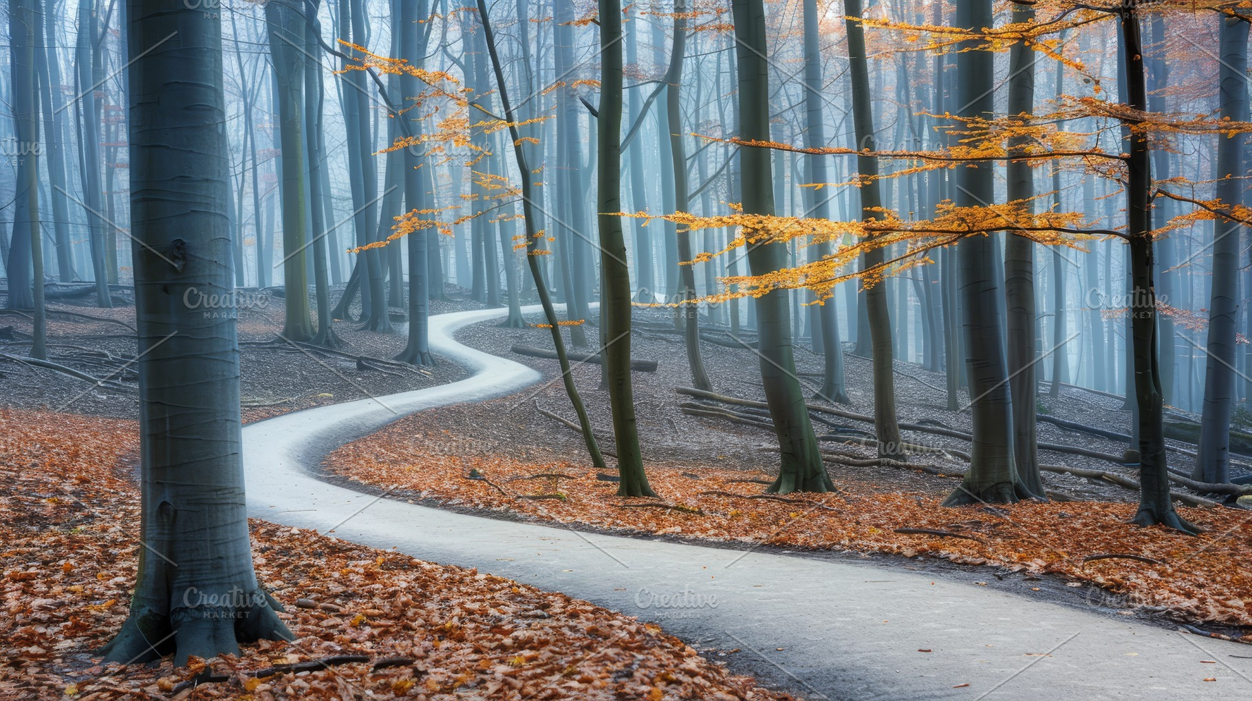 Curving path through a foggy autumn, a Holiday Photo by Mashimara