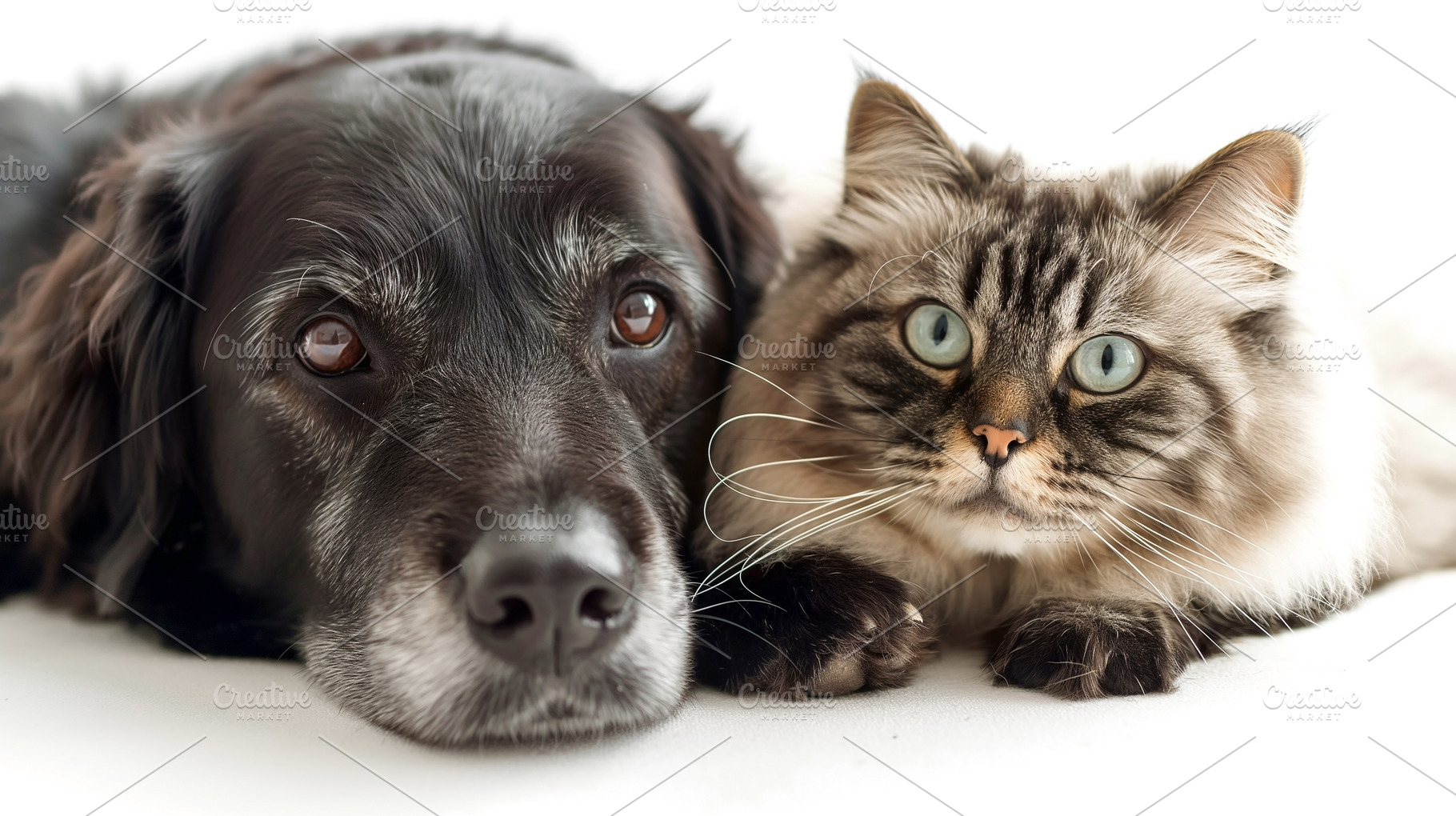 A black dog and a fluffy cat resting close together, showcasing a loving bond w, an Animal Photo by ImageMir