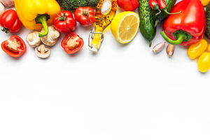 Fresh vibrant vegetables and oil for healthy eating, a Food & Drink Photo by Olena Rudo