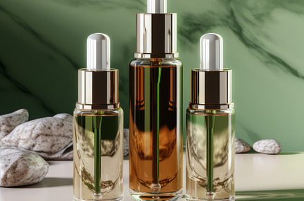 Reusable dark amber glass bottle for oil, cream, lotion or serum with leaves., a Beauty & Fashion Photo by Natalia Klenova's Shop