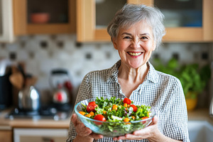 Happy senior woman with a salad bowl, a Photo by Pavel_design