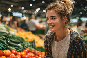 Happy woman shopping fresh produce a, a Photo by Pixeness Studio