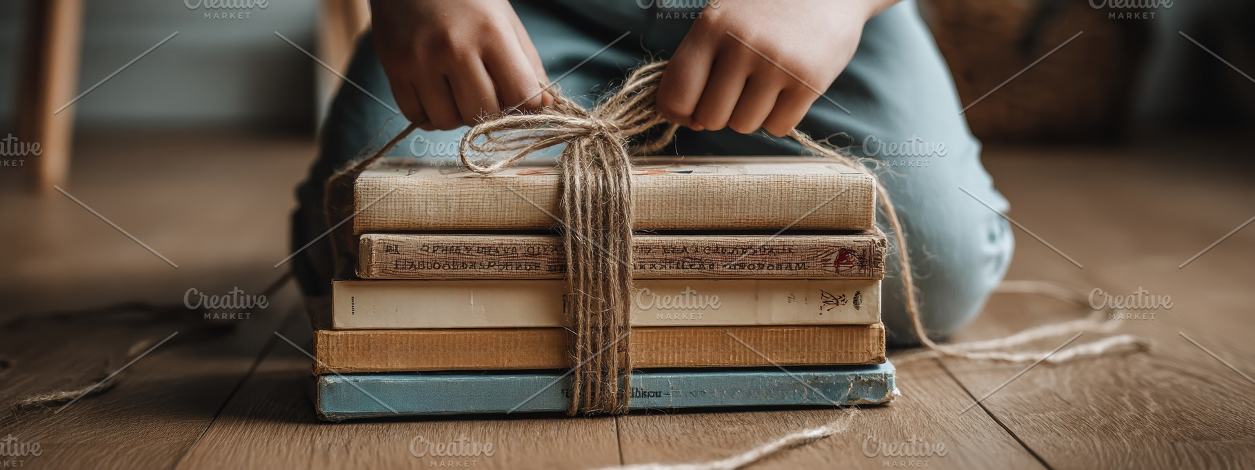 Young boy tying string book pile, a Person Photo by Virgo Studio