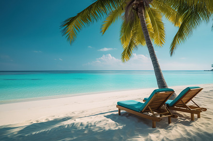 Deck chairs on sandy beach near palm trees. Generative AI, a Nature Photo by AlyaAnd