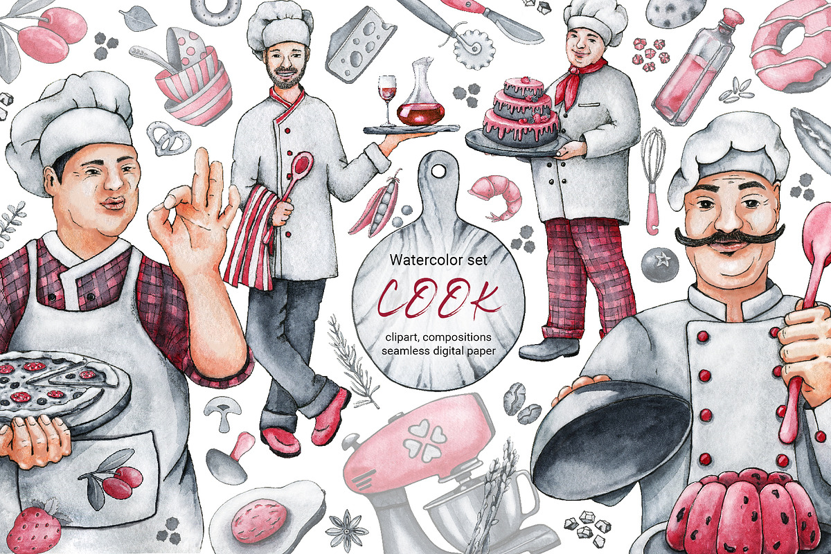 Chef cook, clipart, digital paper, a Food Illustration by Artmanata (Photo 1 of 18)