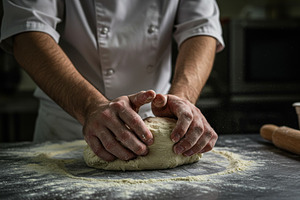 Baker kneading fresh dough on a flou, a Food & Drink Photo by professorinc
