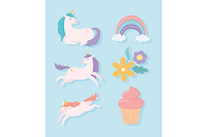 unicorns flowers and cupcake, an Object Illustration by studiogstock