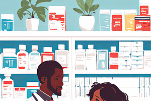 Two pharmacists collaborating in a pharmacy with various medicines on shelves, an Illustration by AS photostudio