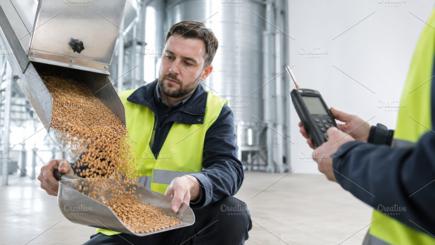 Farm worker analyzing grain quality, a Photo by Dvoevnore photos